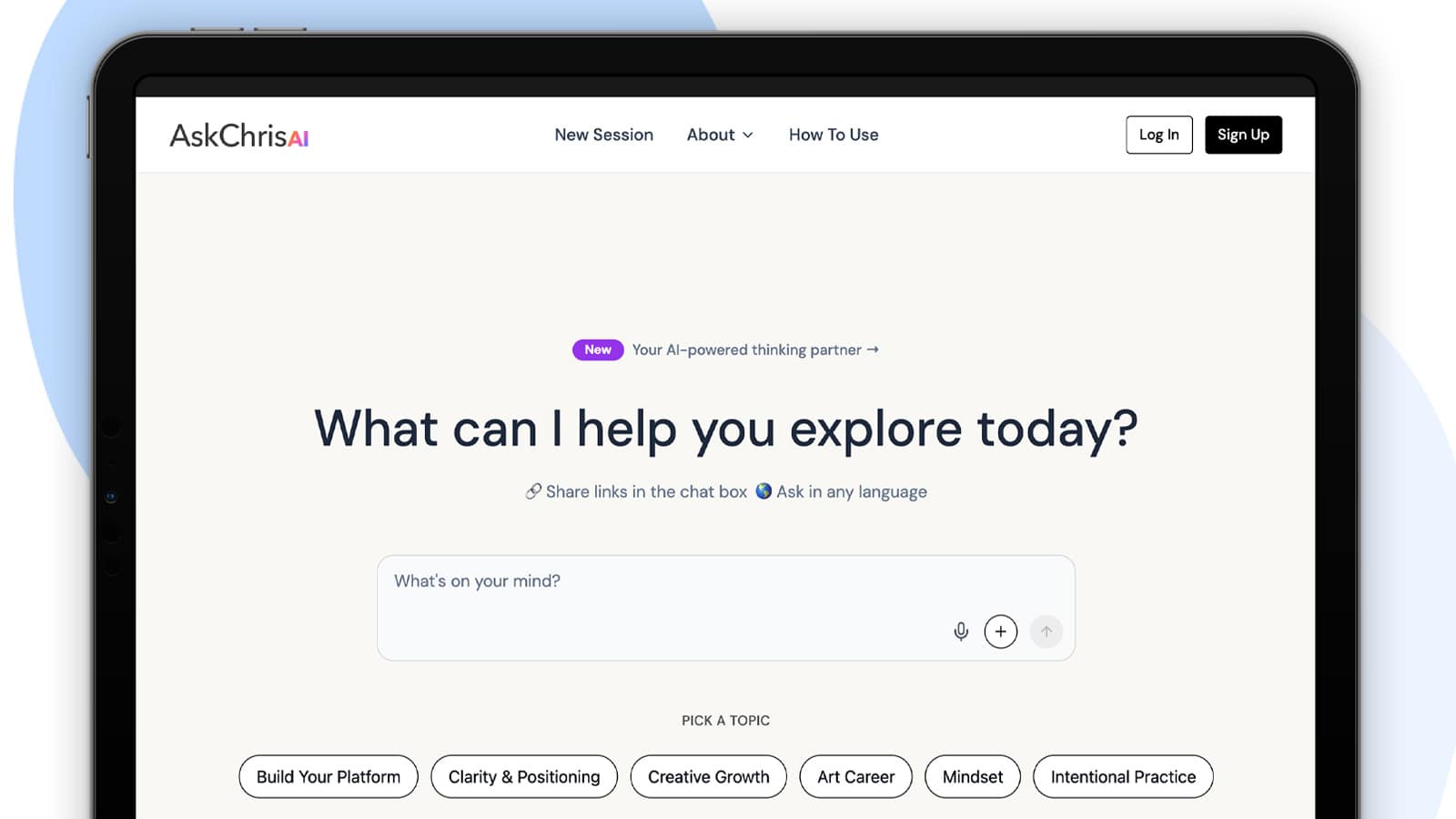 AskChris.ai interface on a tablet — 'What can I help you explore today?' with topic pills.
