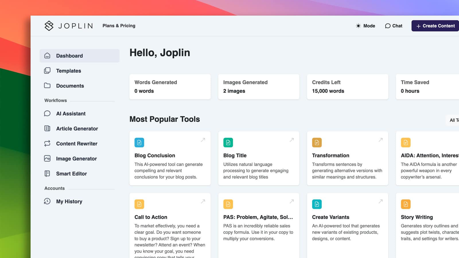 Joplin.ai dashboard — 'Hello, Joplin' with Most Popular Tools cards for blog, content, and copy generation.