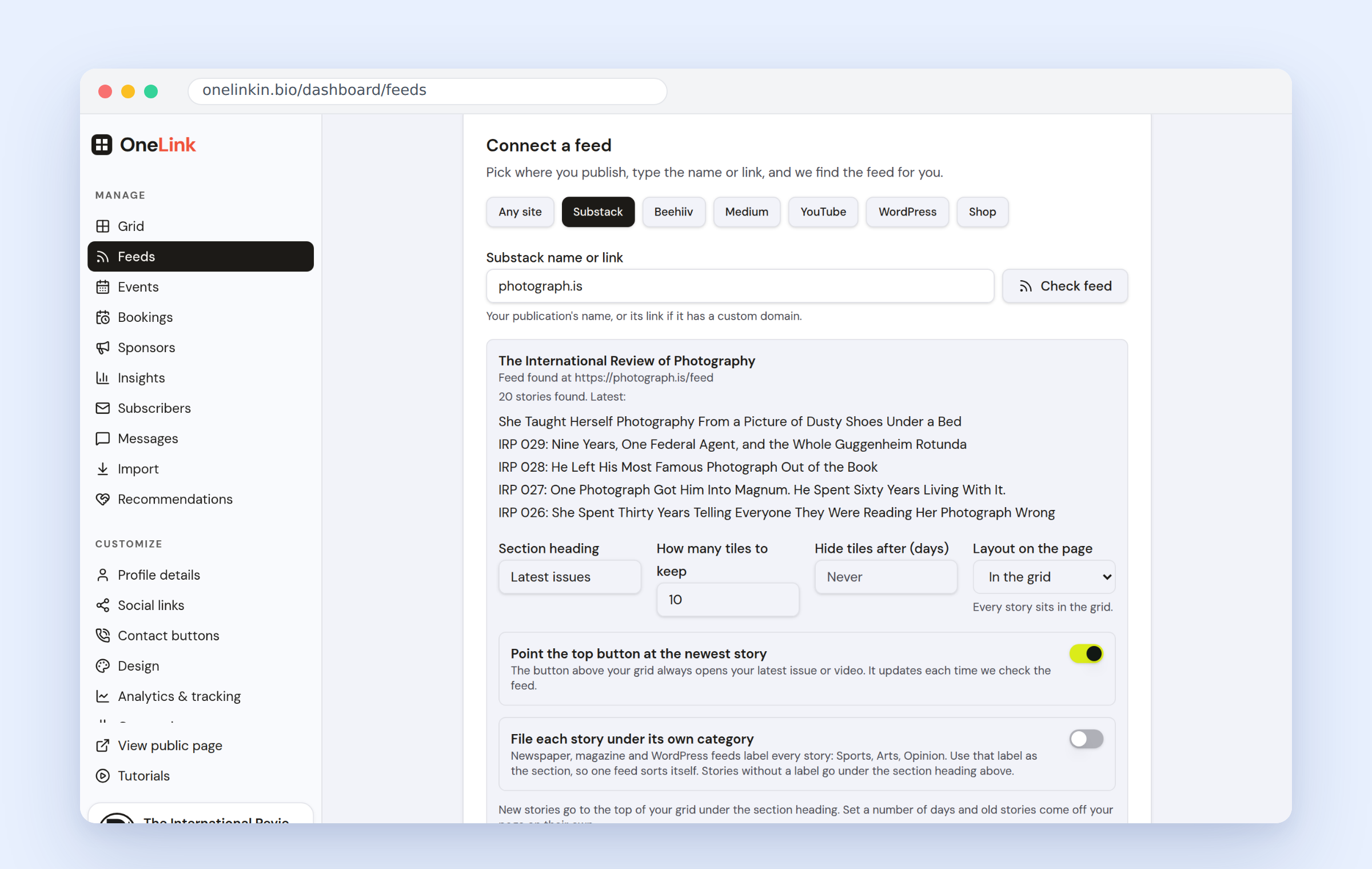 The OneLink dashboard's Feeds screen, with a Substack publication connected and its five newest issues listed.