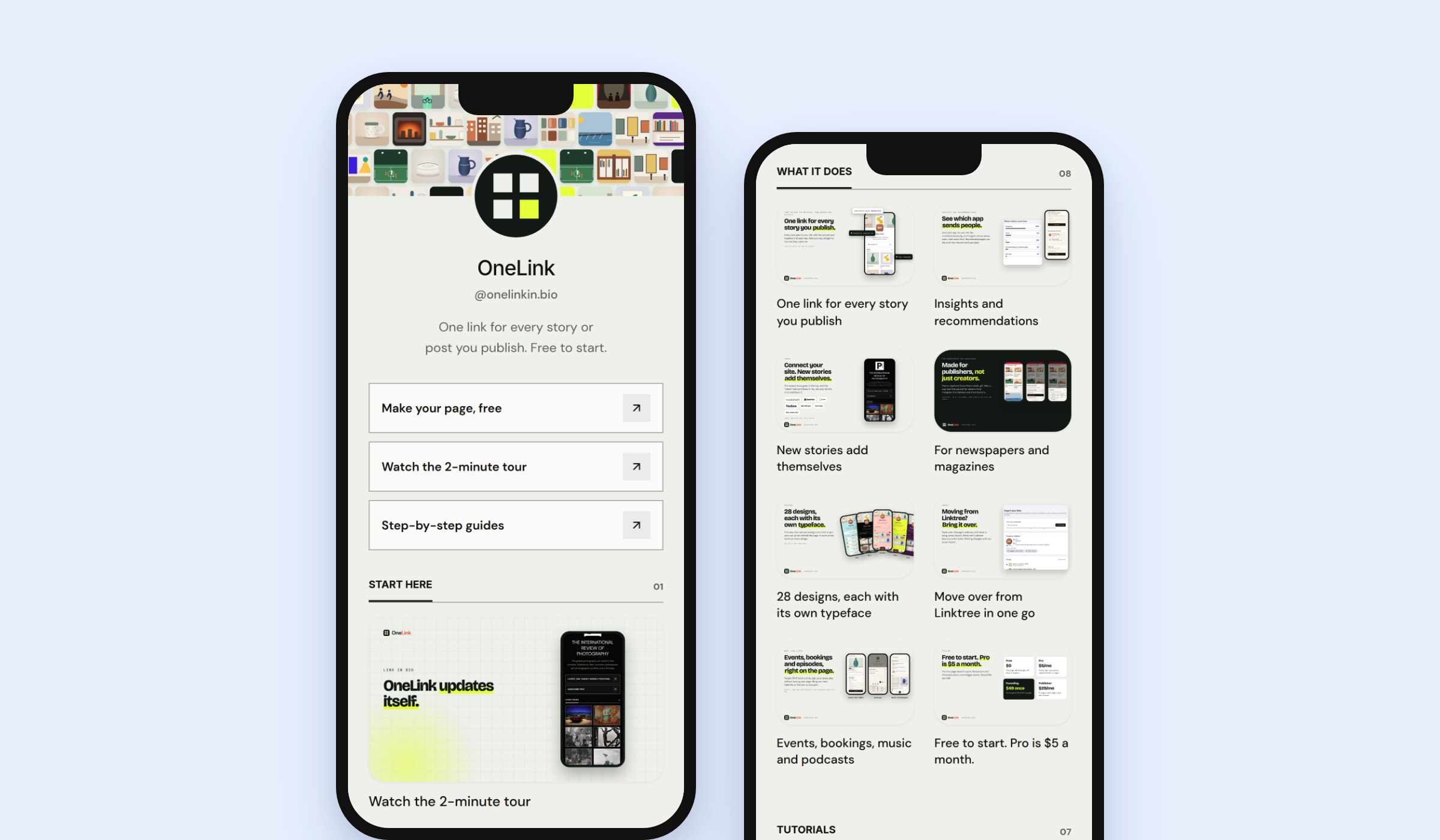Two phones showing OneLink's own page: the top of the page with its buttons, and a grid of tiles explaining what OneLink does.